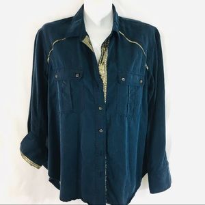 Free People Cowgirl Western Embellished Navy Button Shirt SMPT